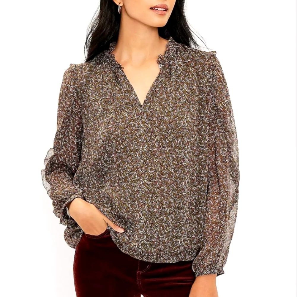 NWT Loft Floral Ruffle Sleeve Olive Green/Brown V-Neck Blouse Size XS